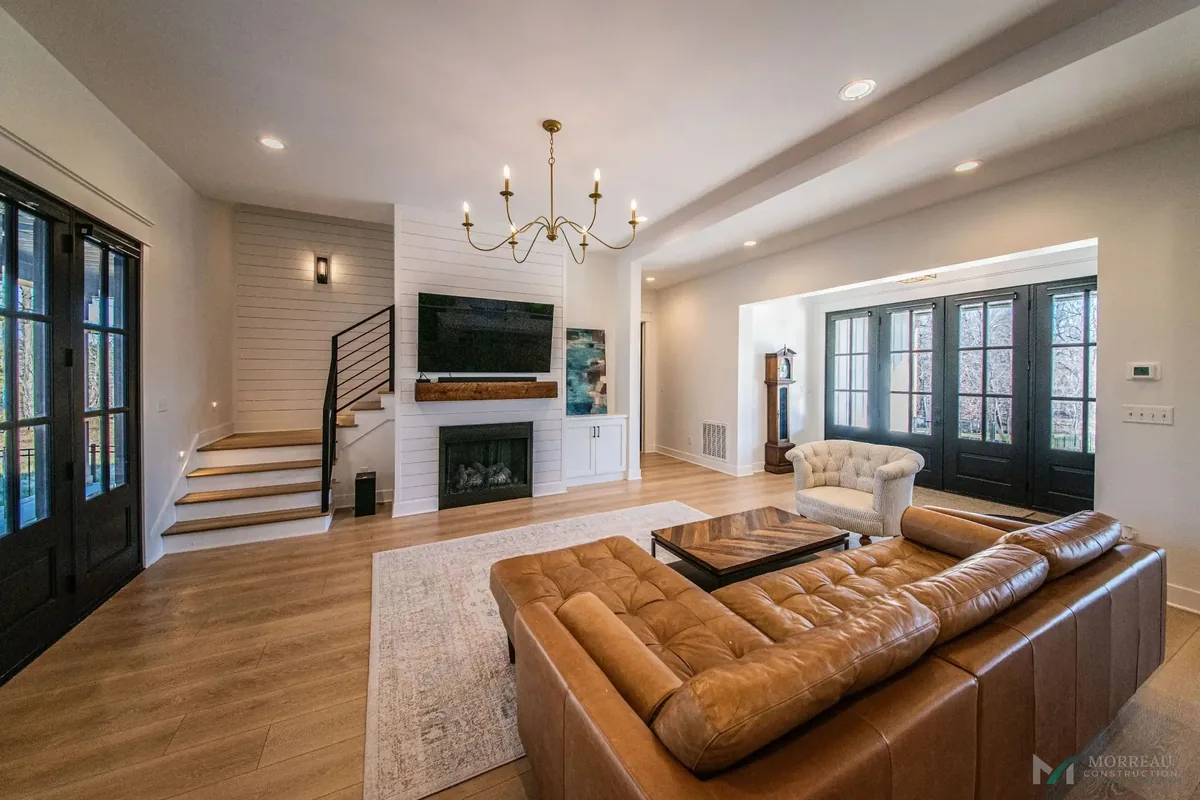 Great room with shiplap fireplace