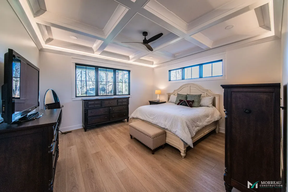 Primary suite with coffered ceiling