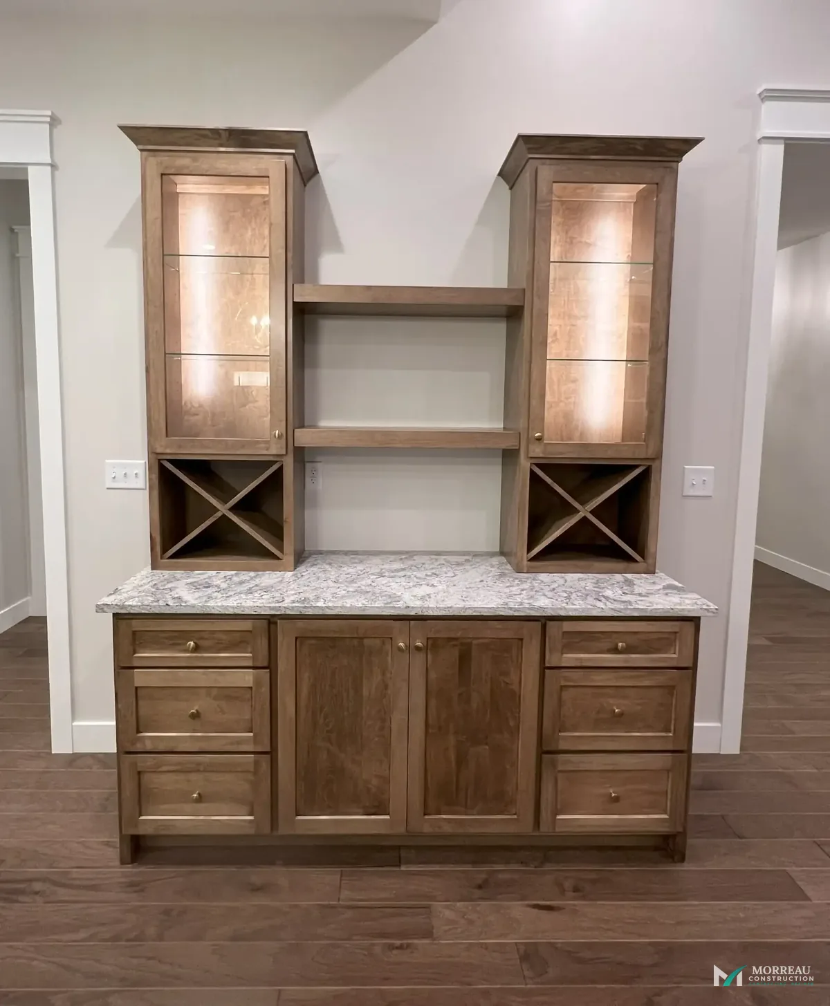 Wine bar and butler's pantry with walnut shelving